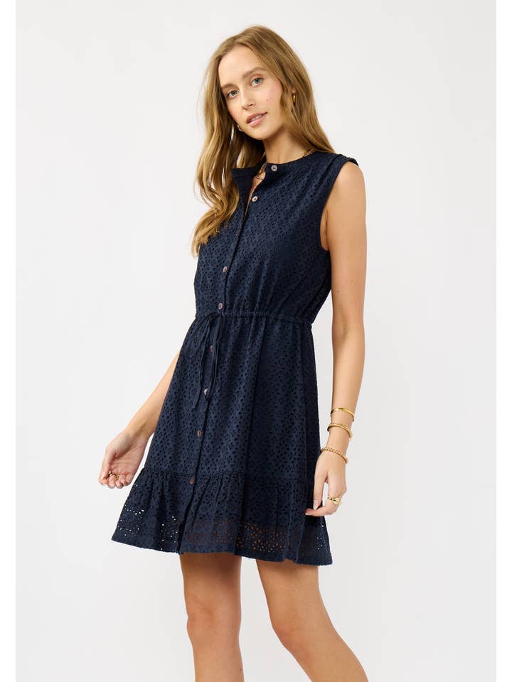 Navy Floral Eyelet Button-Down Tank Dress for wholesale on Faire1