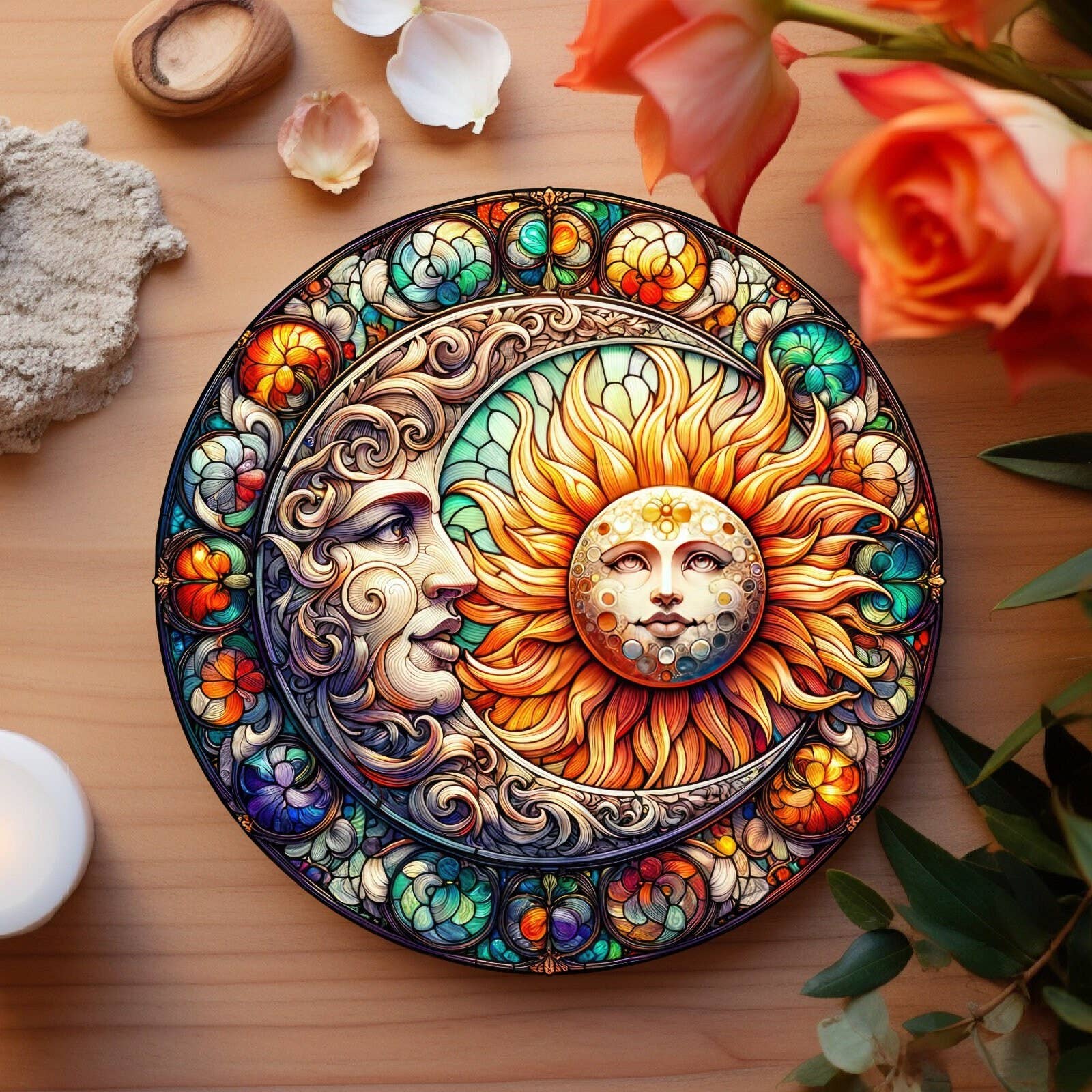 Fernville Creations - Vente Sous-verre - Sous-verre céleste en céramique Soleil et Lune avec base en liège4