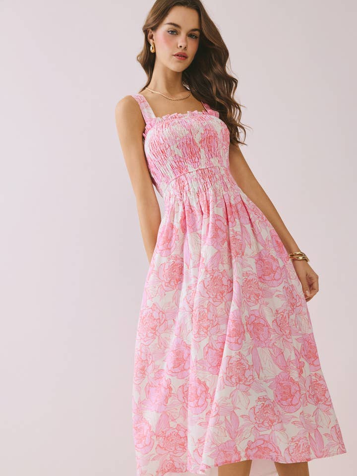 CD06692-Floral Print Smocked Bodice A Line Midi Dress for wholesale by TCEC