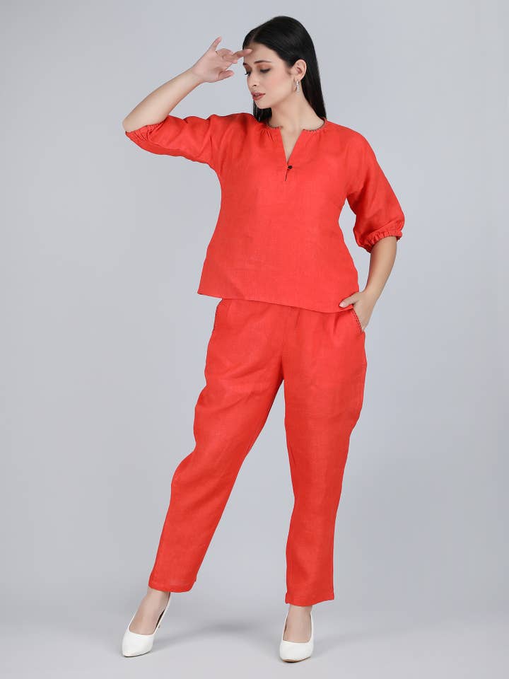 Women Orange Pure Linen Hand Embroidered Co ord for wholesale by 1401 The Label