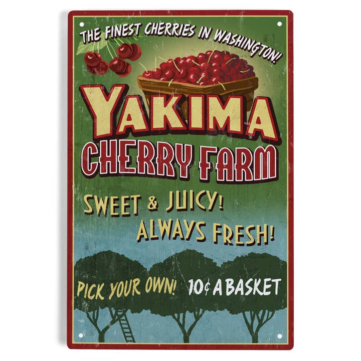 Lantern Press - Wholesale Sign - METAL SIGN ART Yakima, Washington, Cherries Vintage Sign
