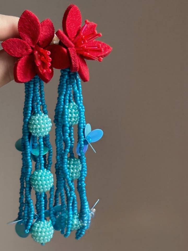Earwish - Bohemian Beaded Flower Earrings - Blue & Red for wholesale by Funkyrel® Atzbranding Limited