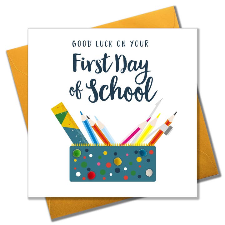 Good Luck Card, Pencil case, First Day of School, Embellished with pompoms for wholesale by Claire Giles Ltd