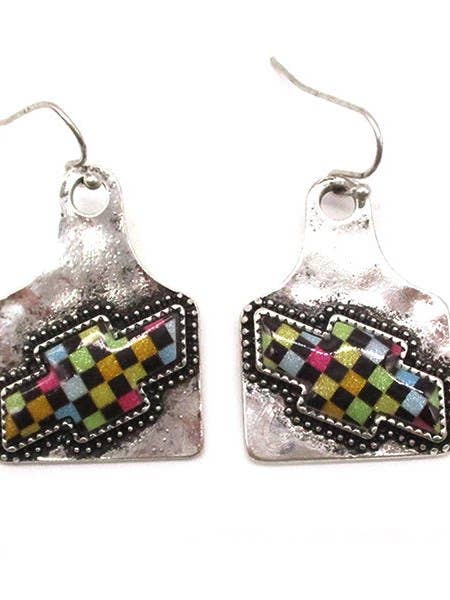 Rainbow Checkered Cross Cattle Tag Dangle Earring for wholesale by Snowing West