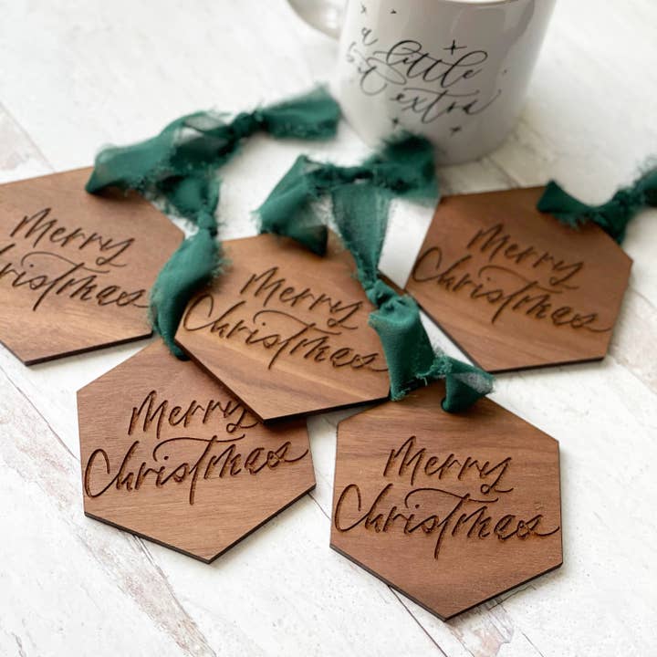 Merry Christmas Ornaments - Walnut and Green for wholesale by Carly Allred Studio