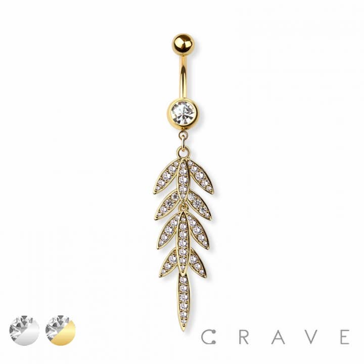 CRAVE - Wholesale Belly ring - CZ PAVED LEAF DANGLE 316L SURGICAL STEEL NAVEL RING2