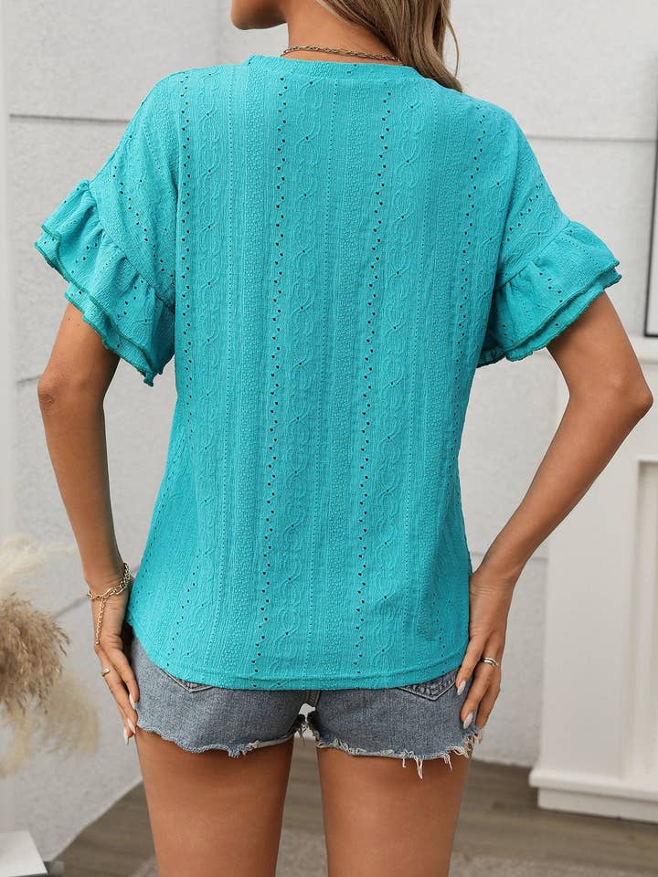 Lovesoft - Wholesale Blouse - Women's - 2025 summer solid color round neck lotus leaf sleeve short sleeve T-shirt top