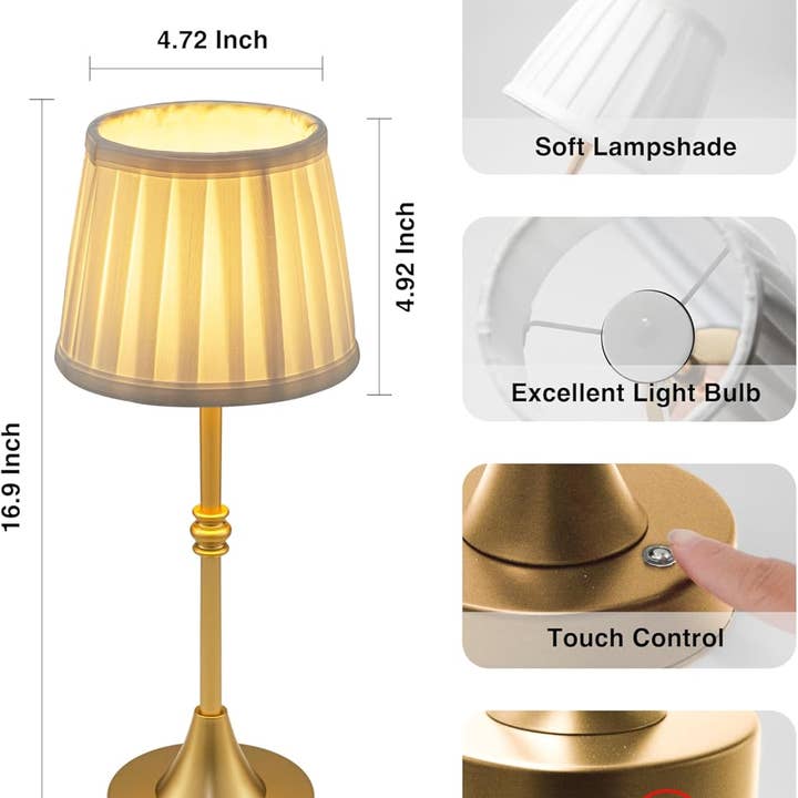 LivingTaste Home Inc - Wholesale Accent/Desk Lamp - Cordless Rechargeable Fabric Shade Bedside Gold Lamps