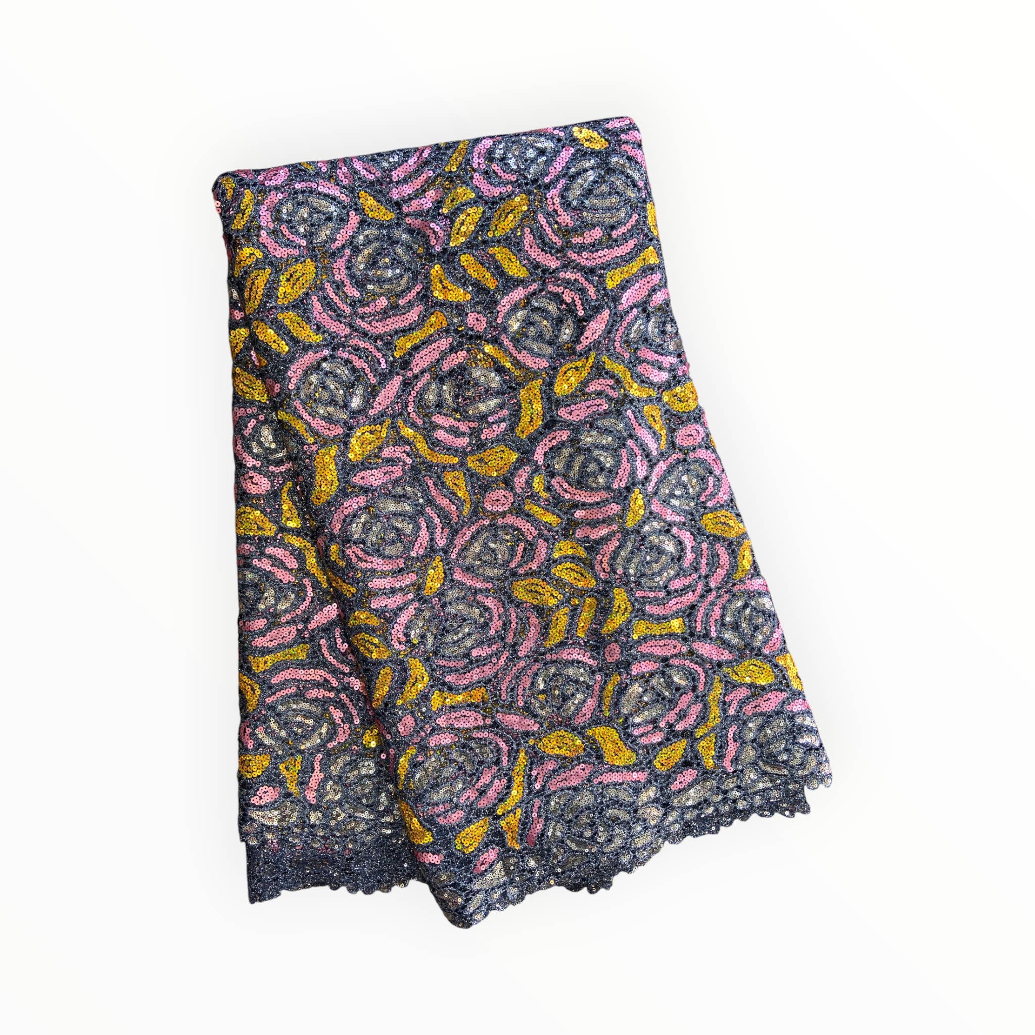 City Fabrics – wholesale Craft supplies – Premium Cord Lace with Sequins in Gray / Pink / Gold – 5 Yards Piece (New Collection)