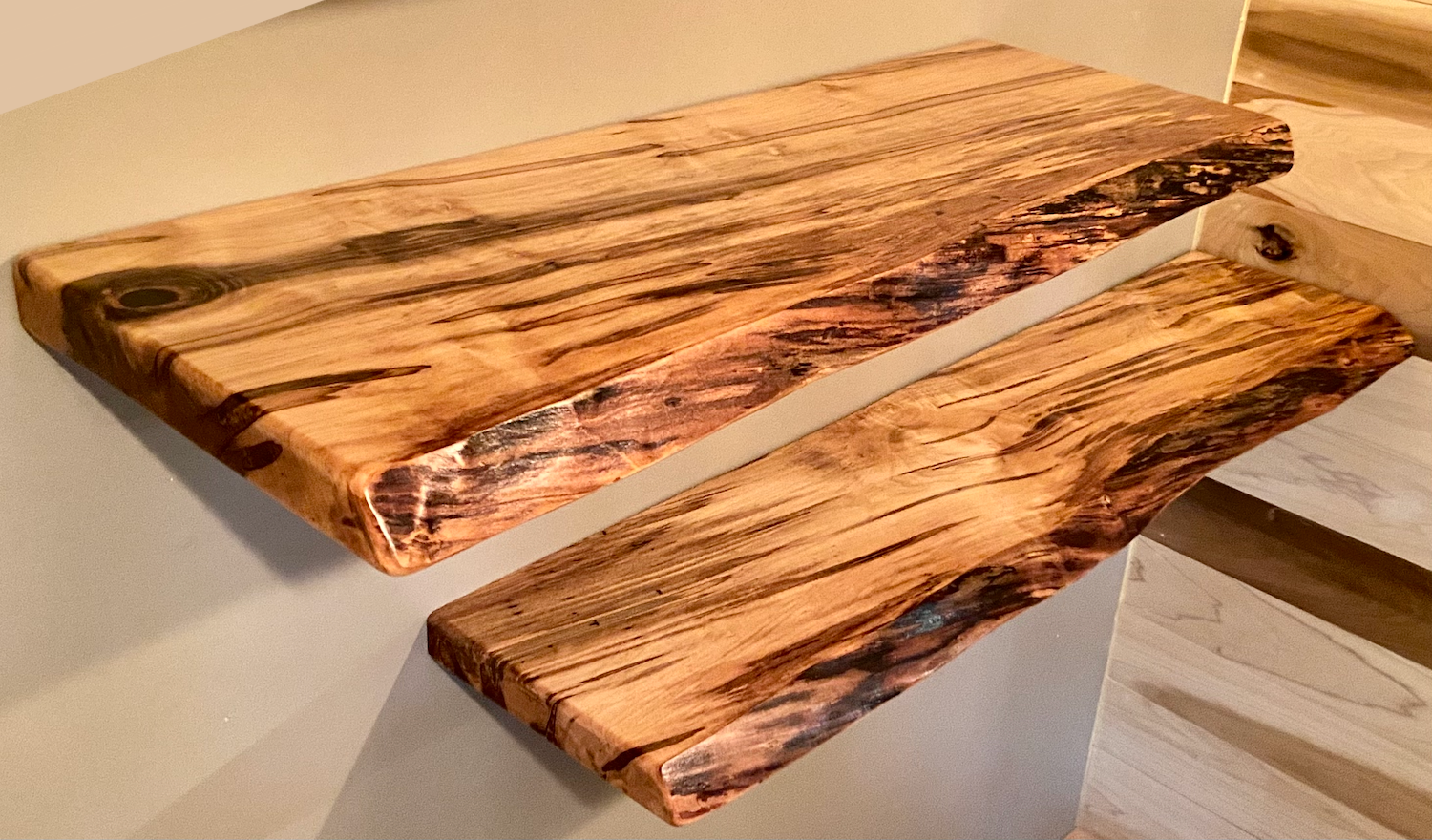 Steel Oak - Wholesale Wall Mounted Shelf - Live Edge Spalted Maple, Ambrosia Maple Wood Floating Shelf18