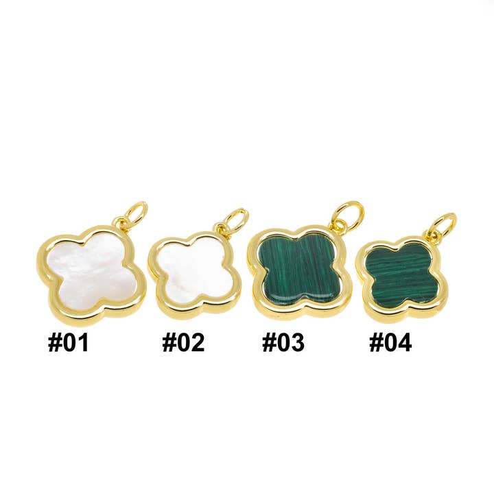 Jewel Pledge - Wholesale Individual Charm/Pendant - Gold & Malachite Clover Charms, Mother of Pearl Flower Charm1