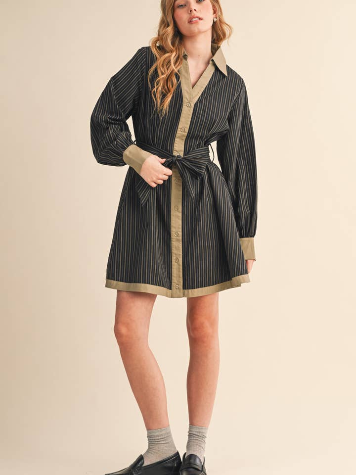 &MERCI - Wholesale Dress - Women's - STRIPED BUTTON DOWN BELTED MINI DRESS MDR426712