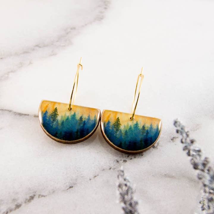 No Man's Land - Wholesale Dangle Earrings - Watercolor Forest Drop Hoop Earrings1