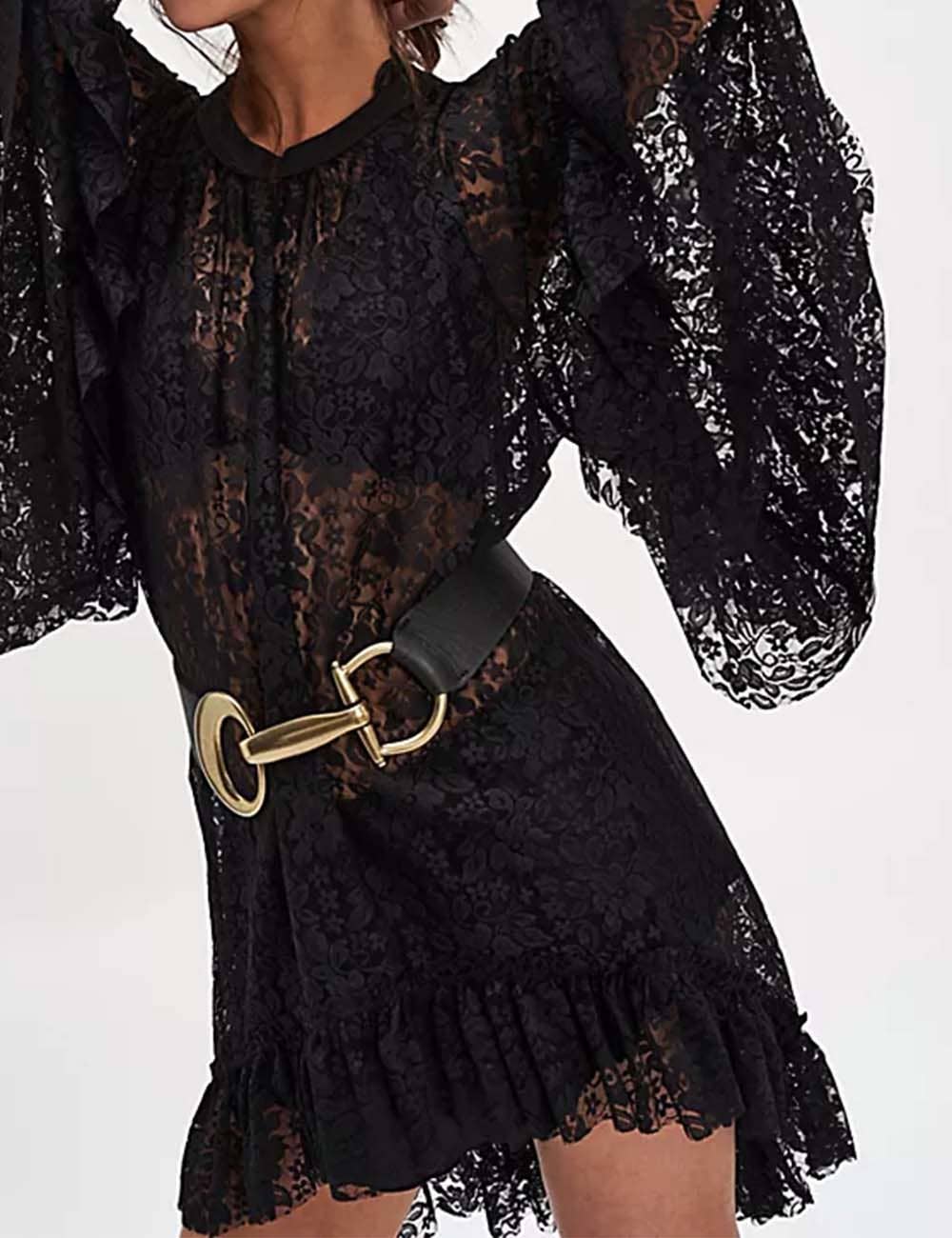 Sweetkama - Vente Chemisier – femme - Blouse à manches mi-longues irrégulières en dentelle florale transparente pour femmes0