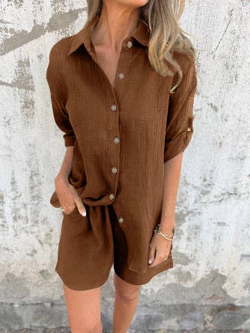 HIDDENBRAND - Wholesale Top & Short Set (NOT Loungewear) - Women's - Chic Effortless Button-Down Shirt & Shorts Set