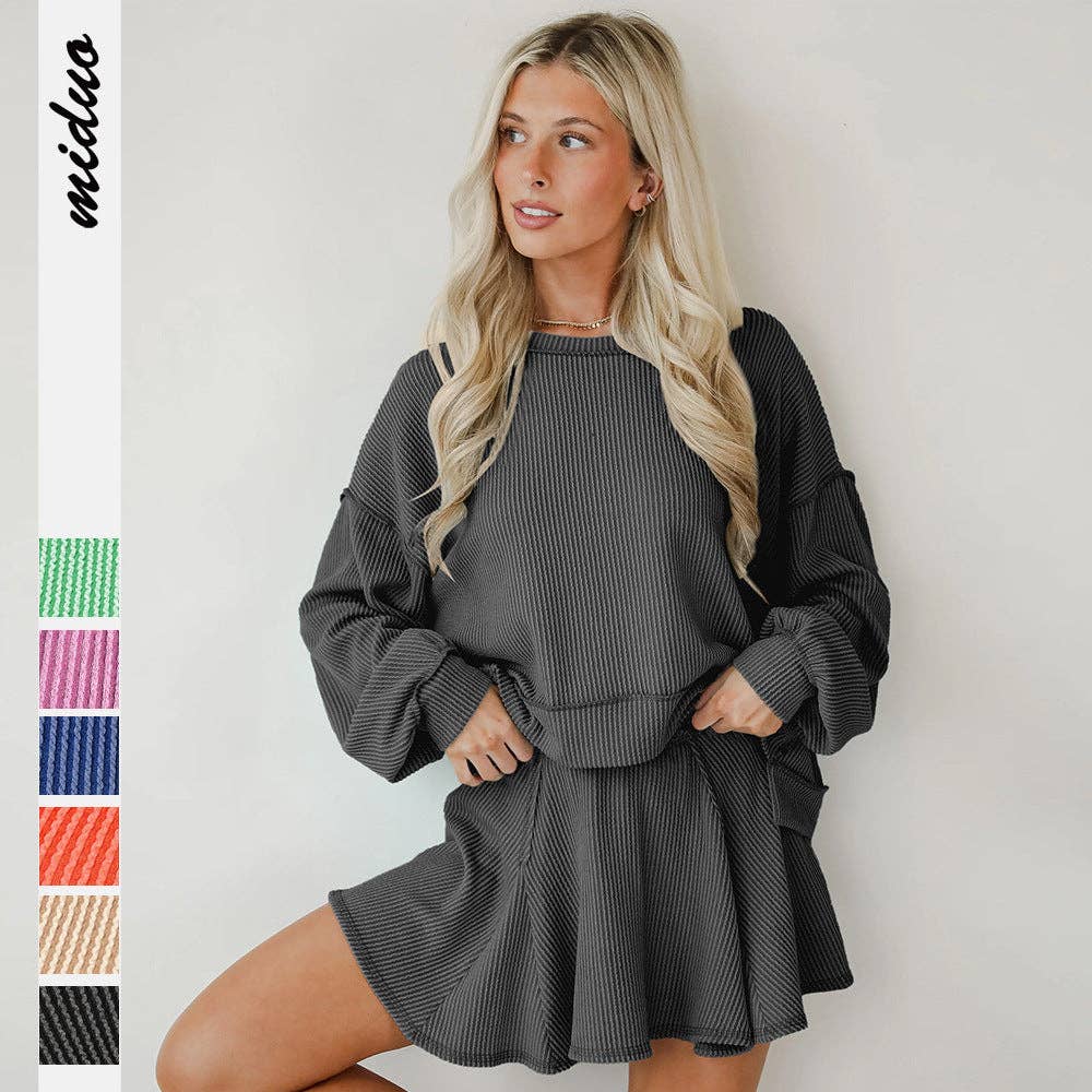 Marayn - Wholesale Top & Skirt Set - Women's - Autumn Ribbed Set Lantern Sleeve Top  Pleated Skirt45