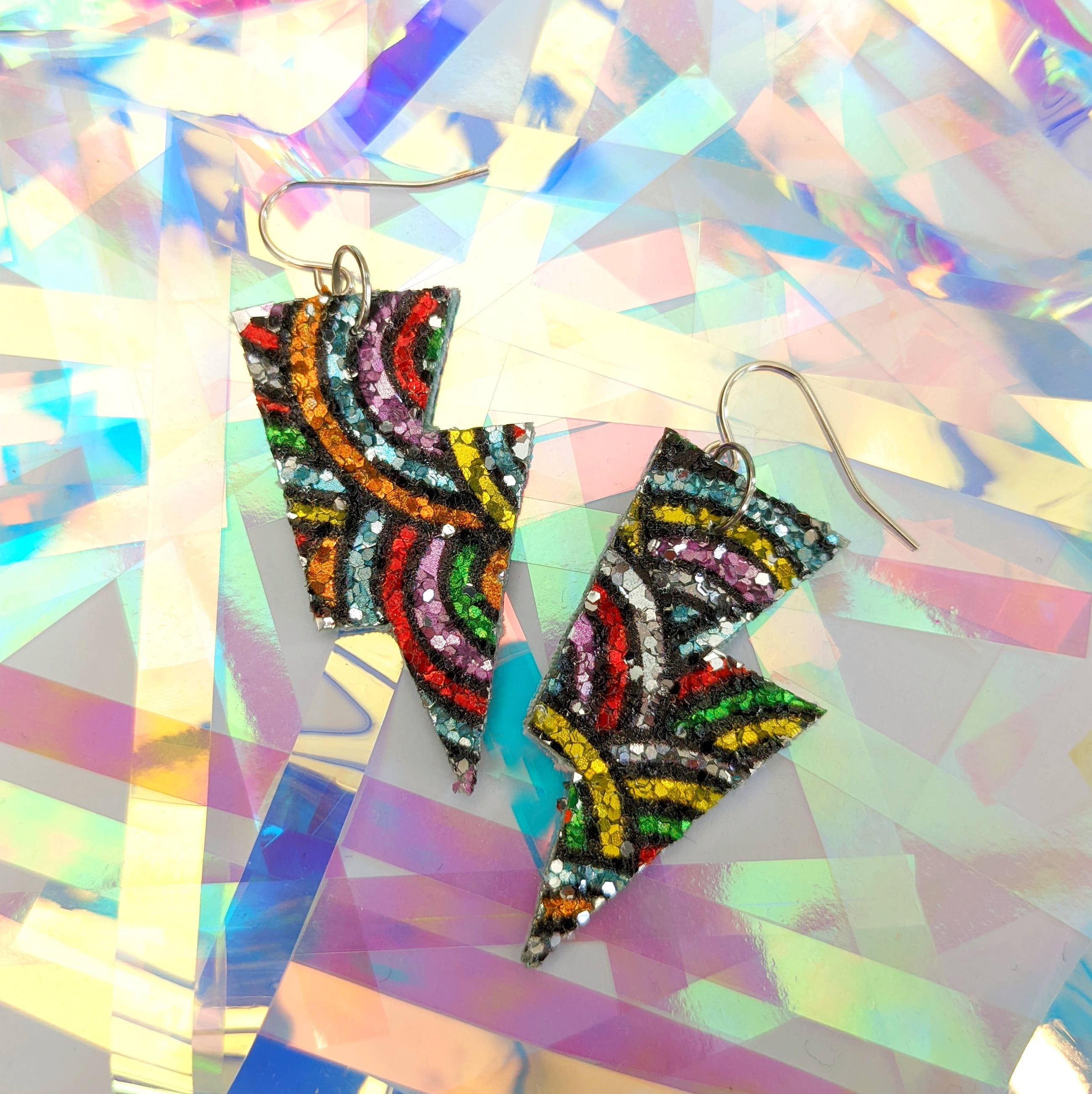 All The Discos – wholesale Dangle earrings – Small Rainbow Pattern Glitter Lightning Bolt Earrings1