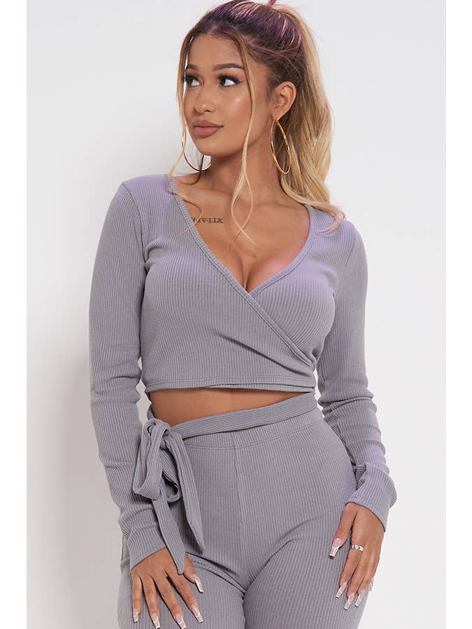 Junie - Wholesale Knit Top - Women's - RIB KNIT SURPLICE WAIST TIE LONG SLEEVE TOP AT2462