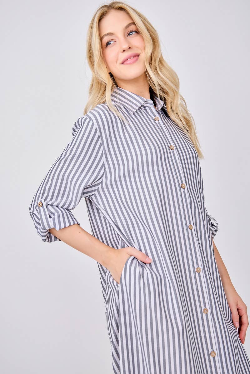 Peace Love Line – wholesale Dress – Women's – SLI3048 - STRIPED BUTTON DOWN SHIRT MAXI DRESS10