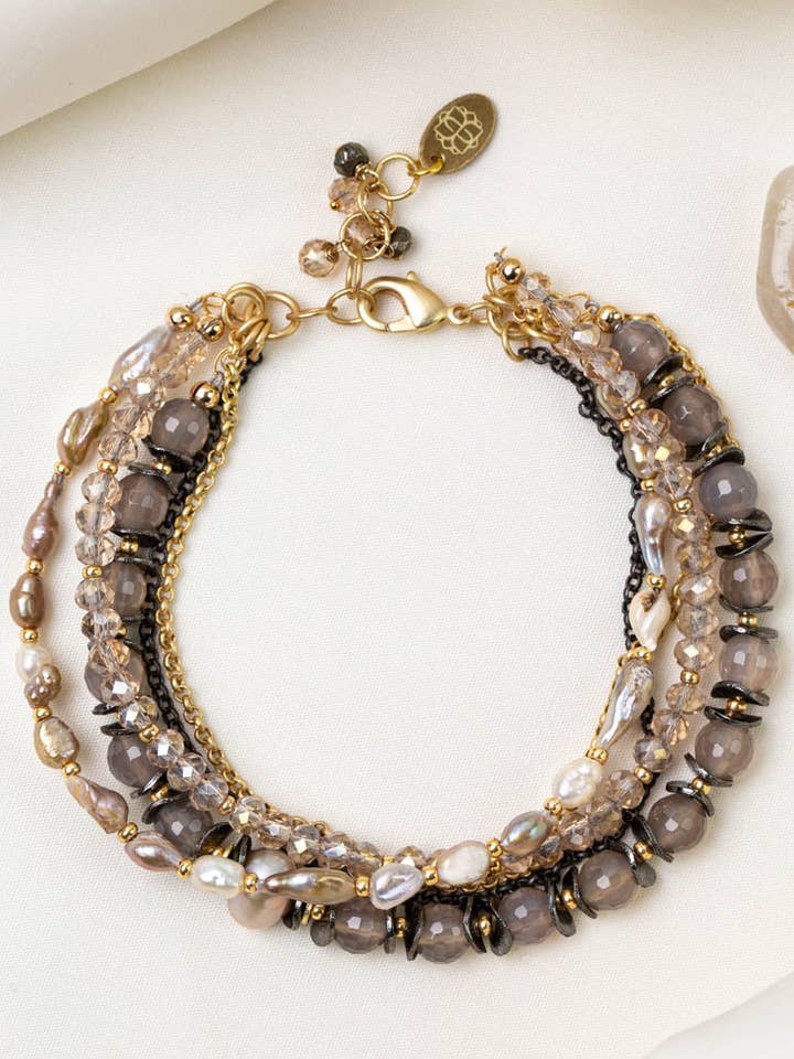Alchemy 7.75-8.75" Freshwater Pearl, Chalcedony, Crystal Multistrand Bracelet for wholesale by Anne Vaughan Designs Jewelry
