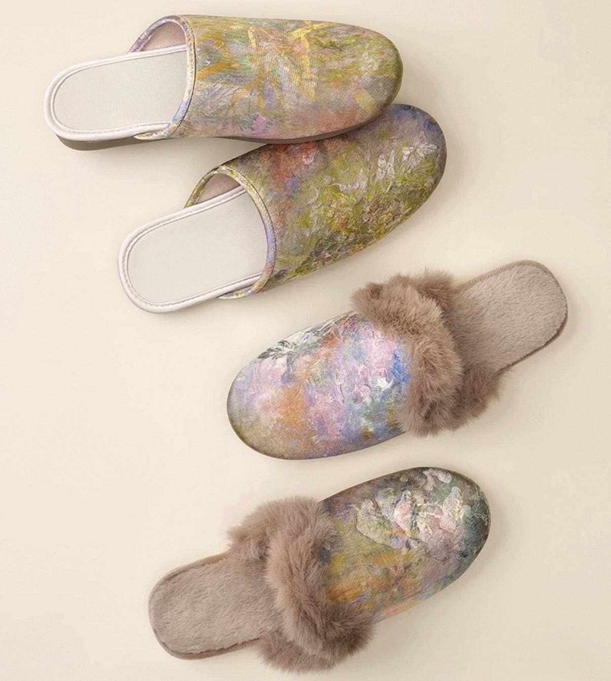 Lian Collection – wholesale Slippers – Women's – Silk Winter Slippers – Faux Fur‑Lined Silk Mules, Impressionist Art Print, Indoor Gift Slippers9