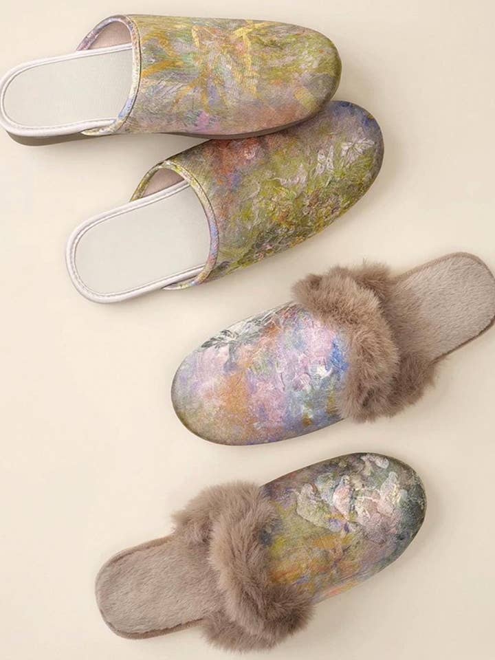 Lian Collection – wholesale Slippers – Women's – Silk Winter Slippers – Faux Fur‑Lined Silk Mules, Impressionist Art Print, Indoor Gift Slippers9