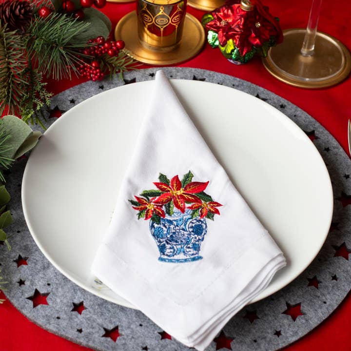 The Lion Rock Press - Wholesale Dinner & Cloth Napkin - 100% COTTON NAPKIN 4PC SET: Embroidered Christmas Chinoiserie4