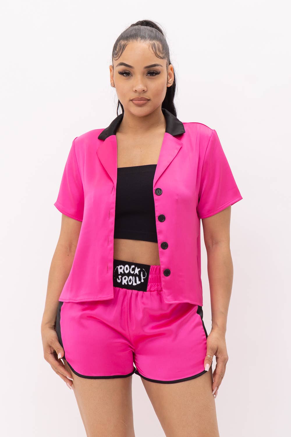 Julia by LoveJ – wholesale Set med topp och shorts – Dam – Button Down kontrast topp och främre Rock & Roll Shorts Set8