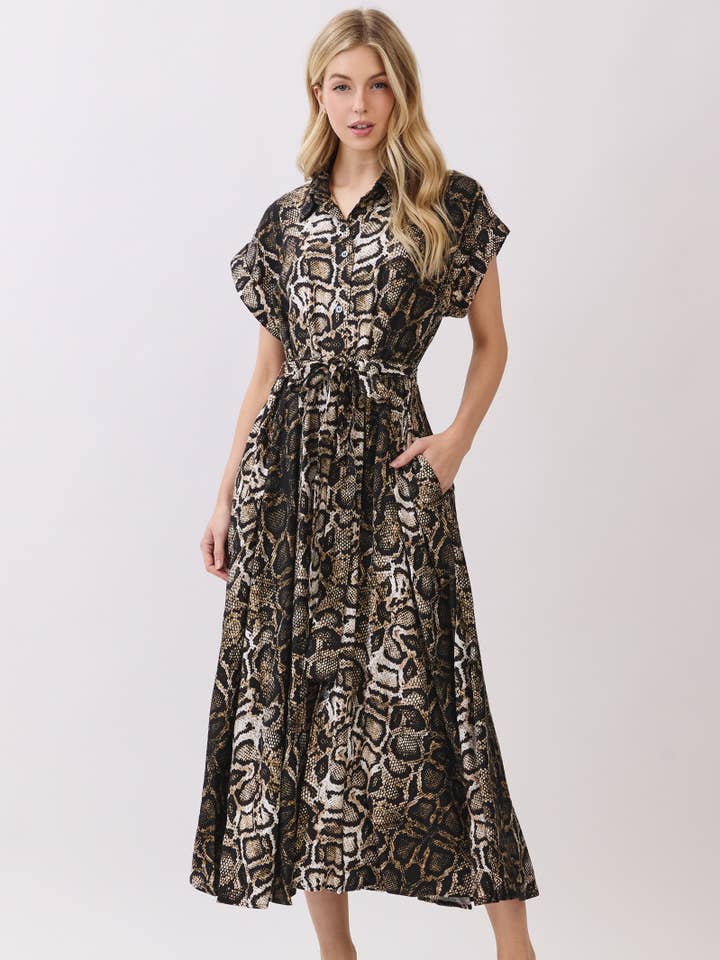 Ormskinnsmönstrad knäppt maxiklänning HD3374-MÖRKBROWN för wholesale av B I G H I T Fashion