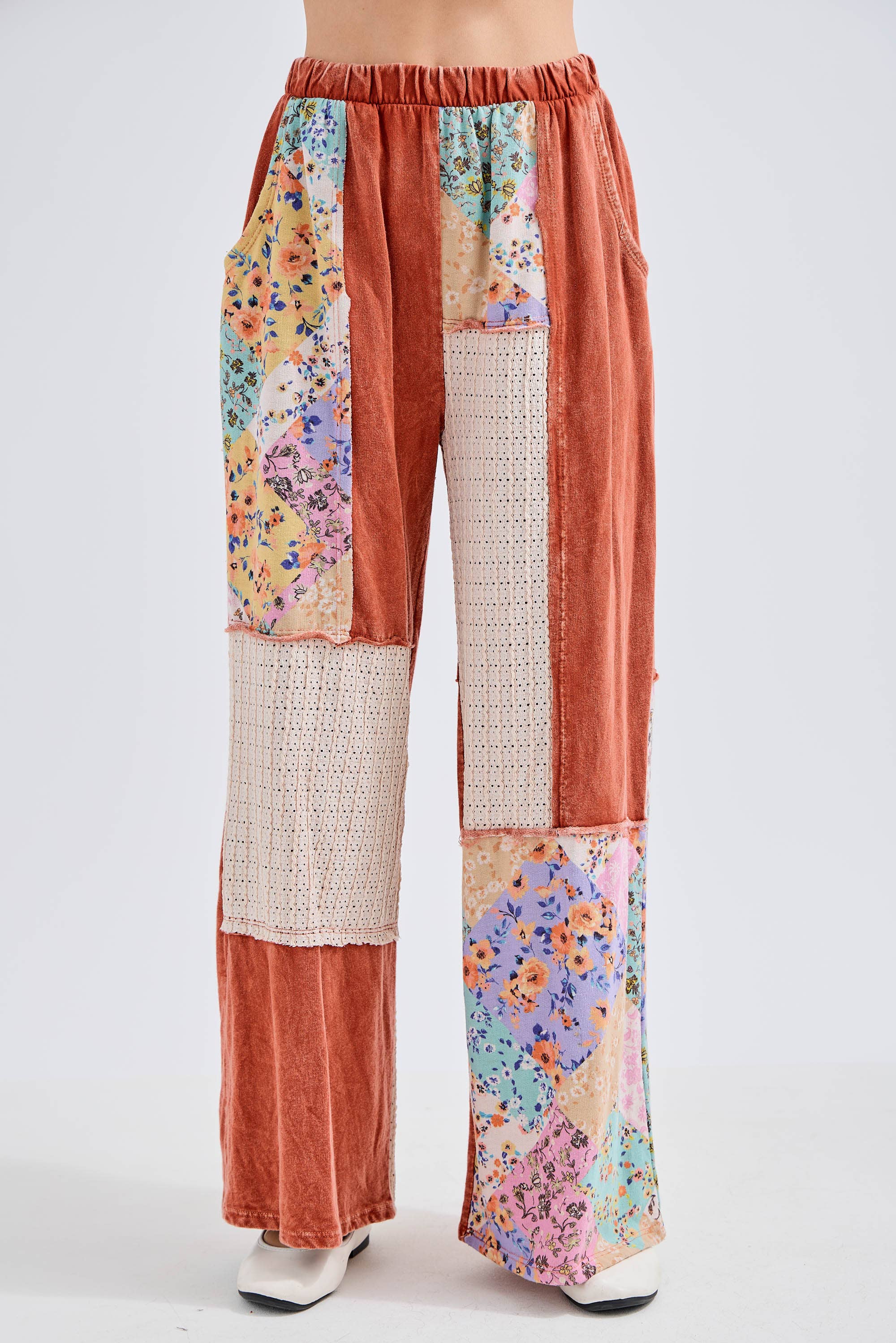 J.Her - Wholesale Pants - Women's - Mineral Washed Floral WaveKnit Jacquard Boho Pants HP610623