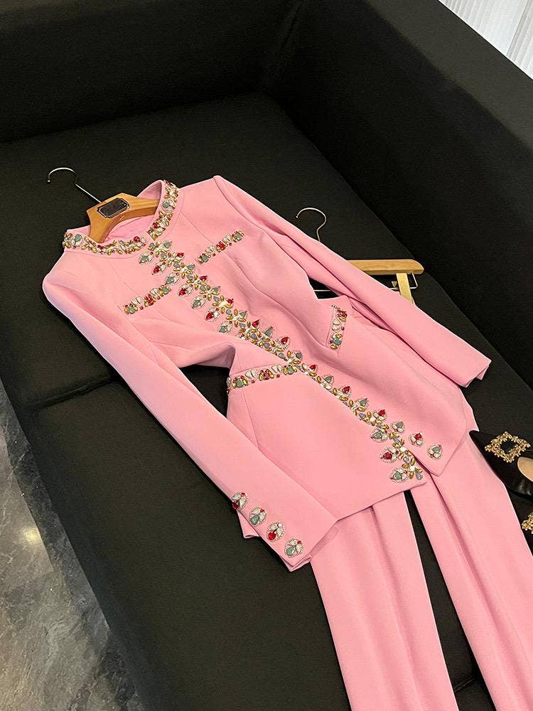 Rose Veste en diamant rose perlée à la main SY379 et costume pantalon skinny en vente sur Faire1
