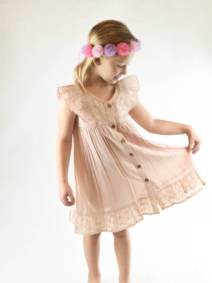Embroidered Blush Flutter Sleeve Dress for wholesale by Yo Baby