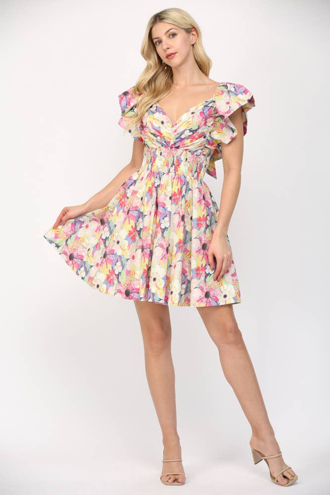 PINK MULTI FLUTTER SLEEVES PLEATED DETAIL MINI DRESS FD35205 for wholesale on Faire5