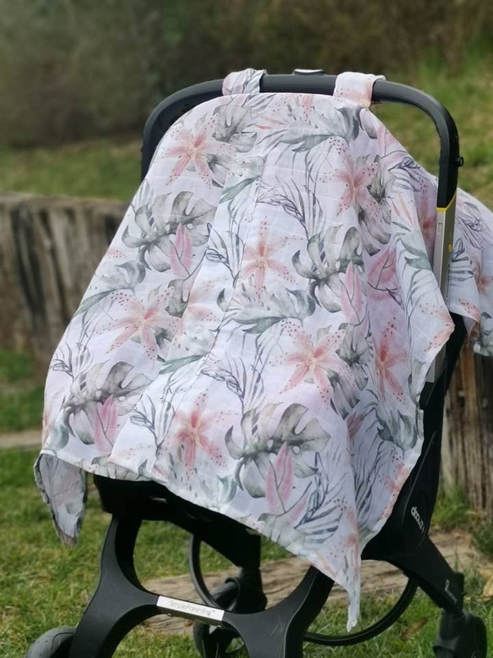 Pink Lilies Muslin Stroller Cover for wholesale by Baby Laurel Organics