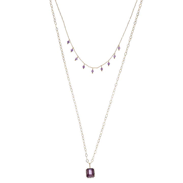 Double-strand necklace with 5ct Amethyst pendant | Musa for wholesale by ISHWARA JEWELS