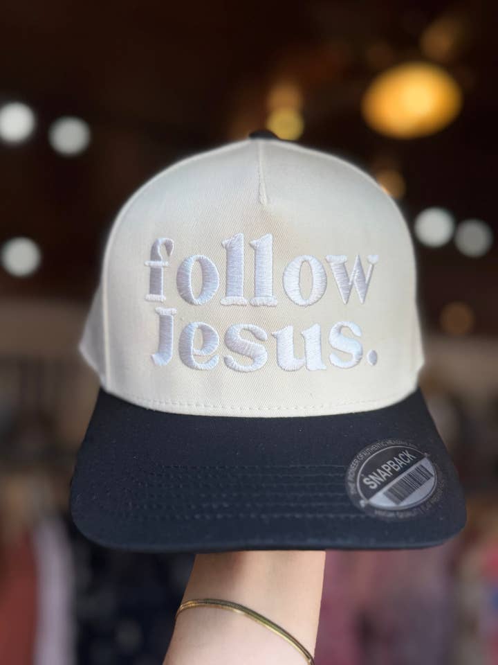 Follow Jesus Black/White Trucker Hat for wholesale by Embroidery On Main