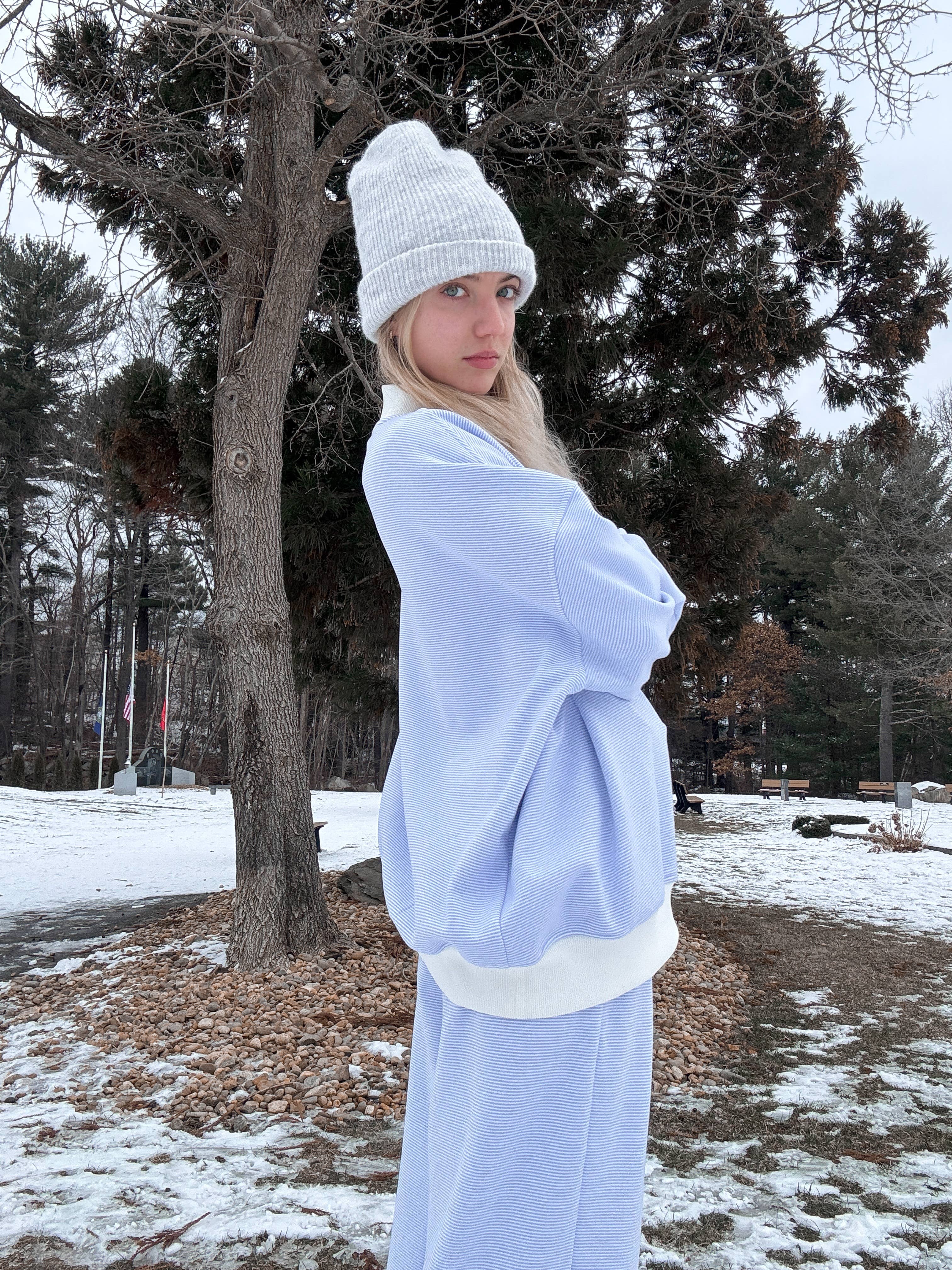 Blue and White Mini Striped Mockneck Sweatshirt for wholesale on Faire16