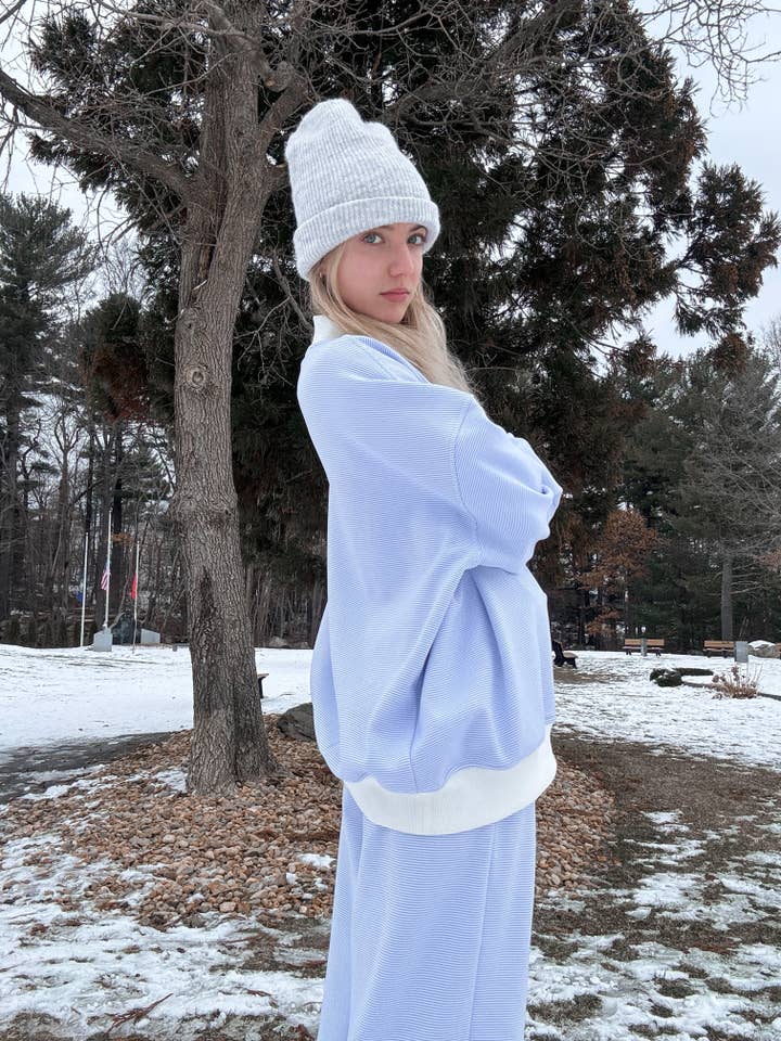 Blue and White Mini Striped Mockneck Sweatshirt for wholesale on Faire16