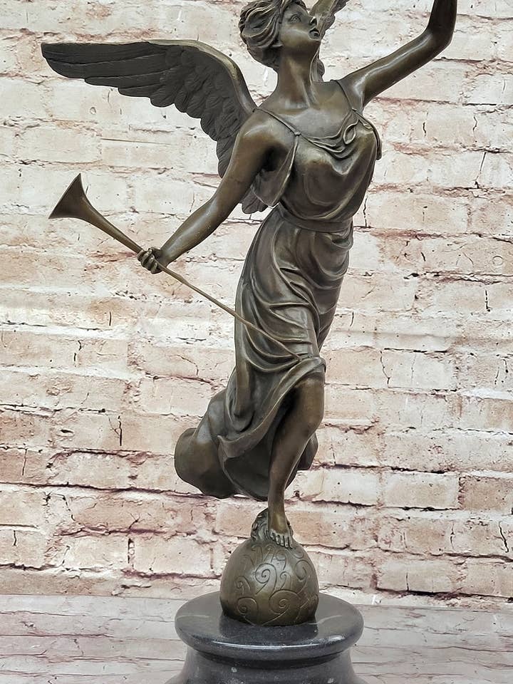 Angel Winged Female Figure Holding Wreath & Trumpet Horn Bronze Sculpture Statue by Moreau for wholesale by Bronzhaus