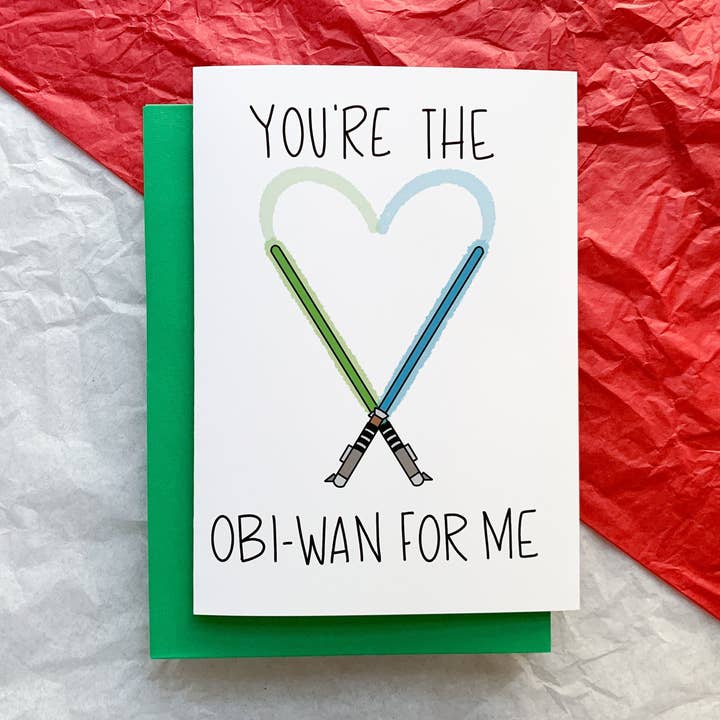 Star Wars Valentine You're the Obi-Wan For Me Handmade Light Saber Card by StoneDonut Design for wholesale by Stone Donut Design, LLC