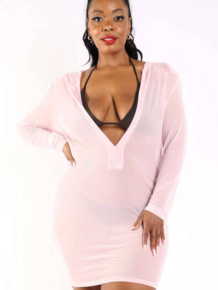 Deep V Hooded mesh cover up dress for wholesale by K Too