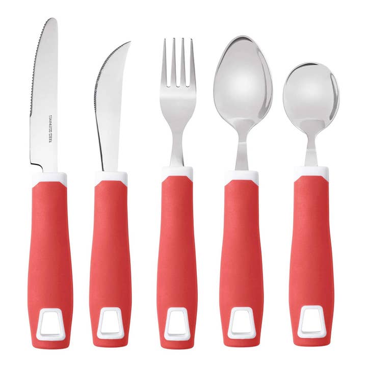 Special Supplies - Wholesale Flatware Set - Set of 5 Red Adaptive Utensils - Stainless Steel Knife, Rocker Knife, Fork, Soup Spoon, Dinner Spoon