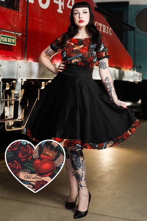 Darlene Black Rockabilly Heart & Roses Retro Print Swing Dre for wholesale by Dolly & Dotty