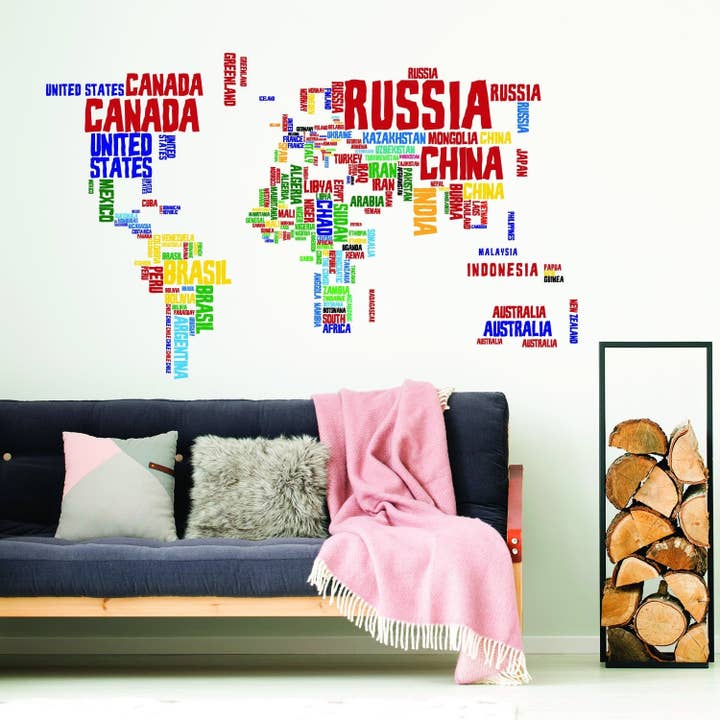 Vinilo decorativo de pared Mapa del mundo - Nombres de países, infantil, gran decoración artística, calcomanía para venta al por mayor de Decords