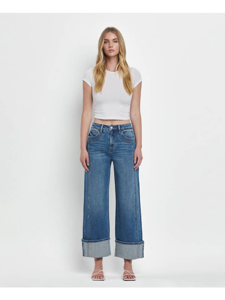 JOYSOME SUPER HIGH RISE CUFFED BAGGY WIDE JEANS F5856 for wholesale on Faire