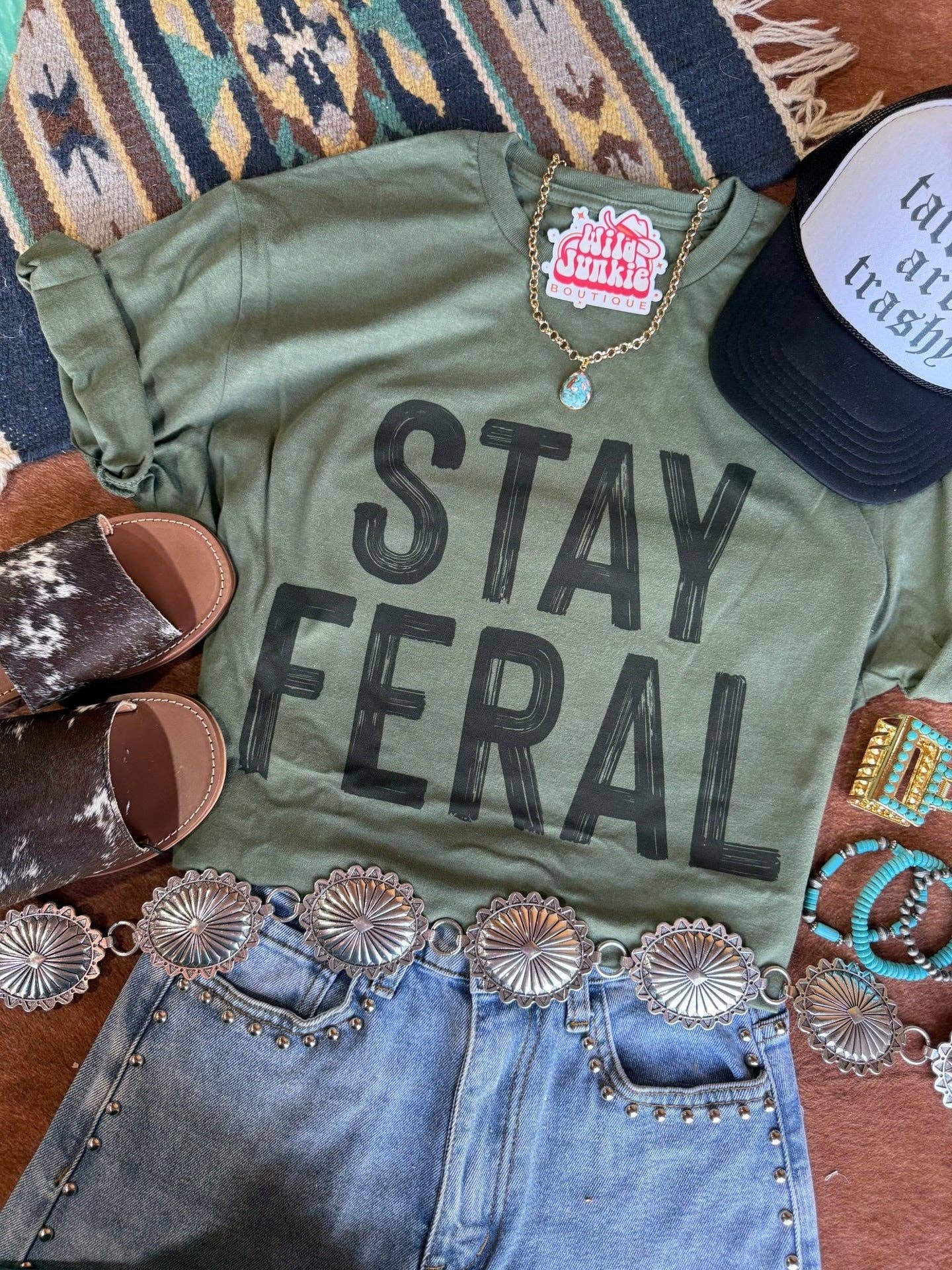 Military Green Stay Feral Graphic Tee for wholesale on Faire4