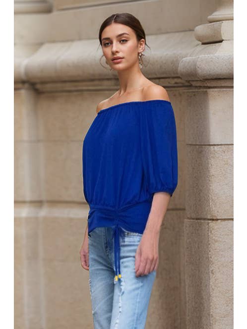 ROYAL BLUE JENNY HALF SLEEVE DRAW STRING TOP (ROYAL BLUE)- VT3418 for wholesale on Faire