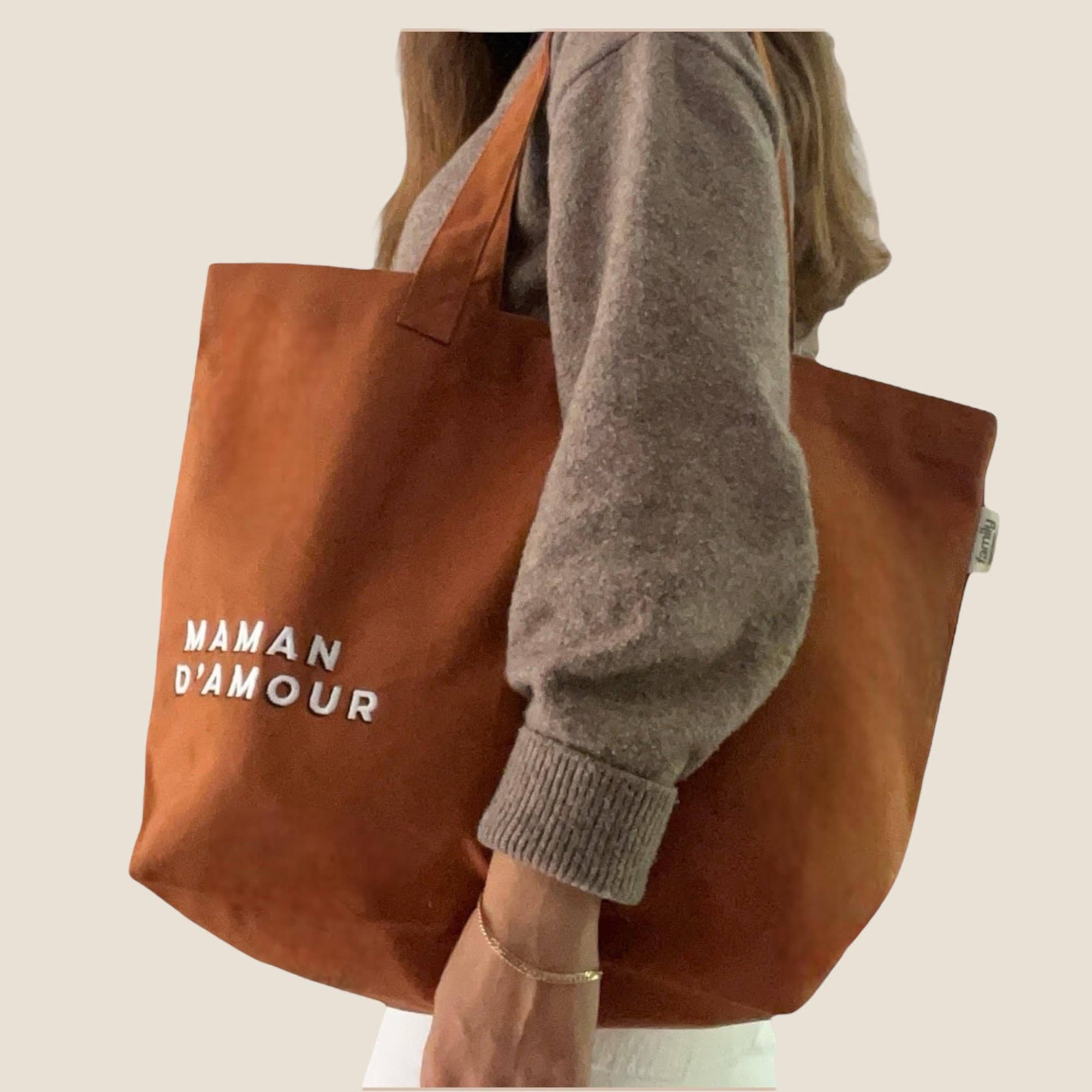 Family Impact Stories – Mala de ombro – Unissexo por atacado – Saco de compras bordado MAMÃE DE AMOR cobre1