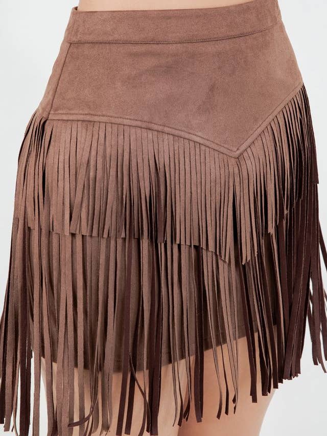 Saints & Hearts - Wholesale Skirt - Women's - SIS1184A CHOCOLATE FAUX SUEDE FRINGED SKIRT (Copy)
