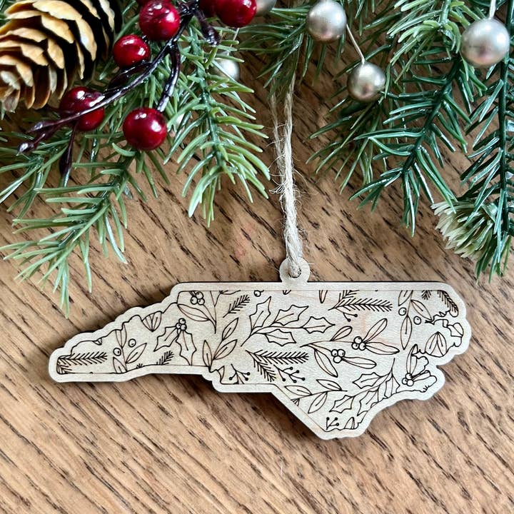 Rustic Raleigh - Wholesale Ornament - North Carolina Christmas Floral Wooden Christmas Ornament 0